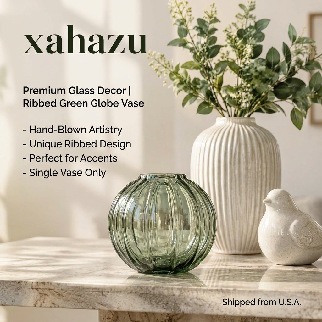 xahazu Ribbed Round Glass Vase – 5.1" Modern Fluted Flower Vase for Table Centerpiece, Shelf & Home Decor