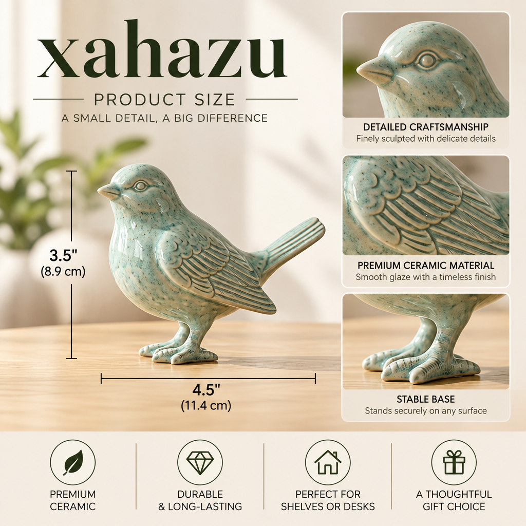 xahazu Ceramic Bird Figurine – Vintage Mint Green Songbird Statue, Detailed Porcelain Bird Decor for Bookshelf, Desk, Living Room, and Farmhouse Home Accents (4.5" x 3.5")