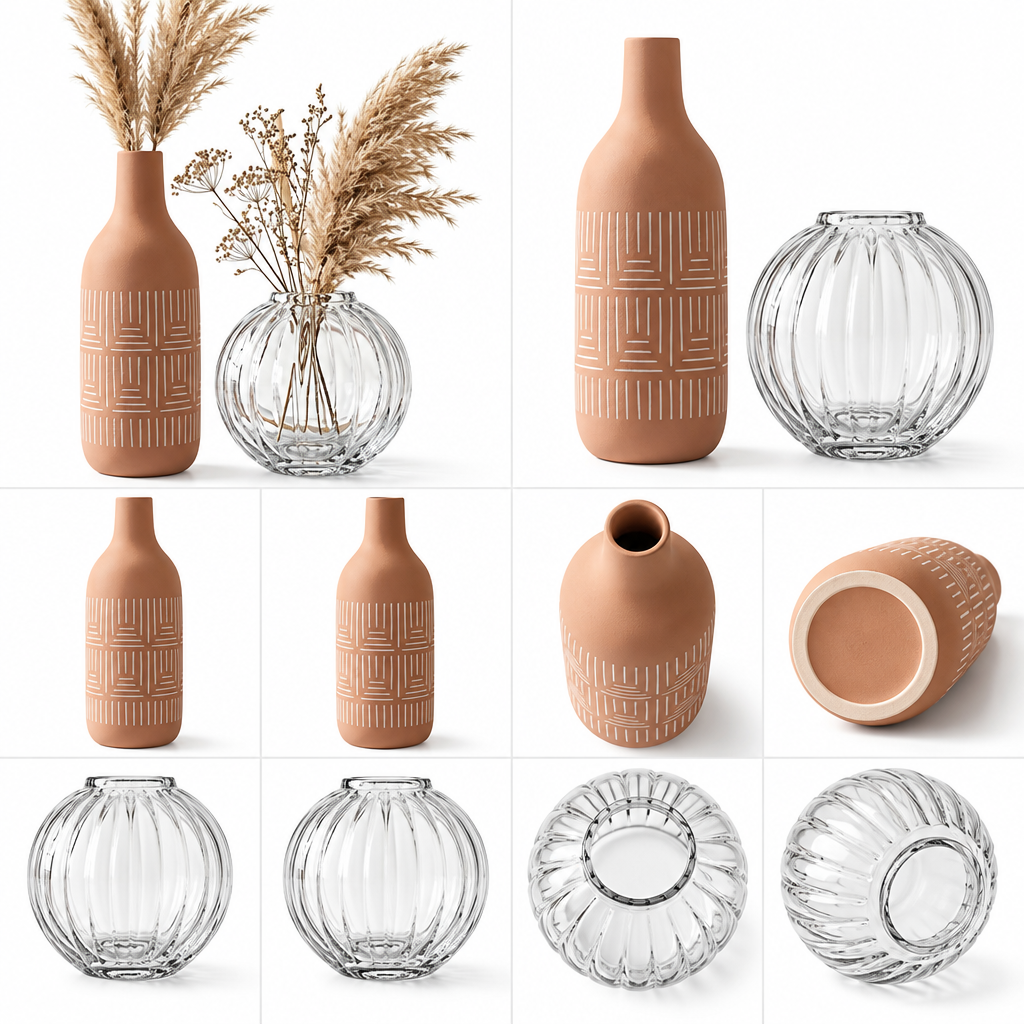 xahazu Modern Boho Vase Set – Terracotta Textured Ceramic & Fluted Glass Vases for Dried Pampas, Fresh Flowers, Living Room & Tabletop Home Decor