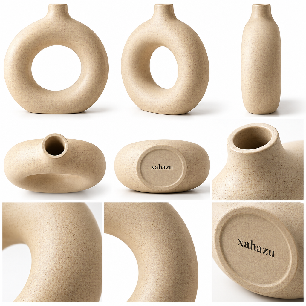 xahazu Artisan Ceramic & Borosilicate Glass Tabletop Decor Set – Modern Minimalist Donut Vase, Glass Sphere & Animal Sculptures for Home & Living Room Accent