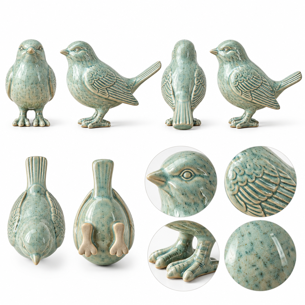 xahazu Ceramic Bird Figurine – Vintage Mint Green Songbird Statue, Detailed Porcelain Bird Decor for Bookshelf, Desk, Living Room, and Farmhouse Home Accents (4.5" x 3.5")