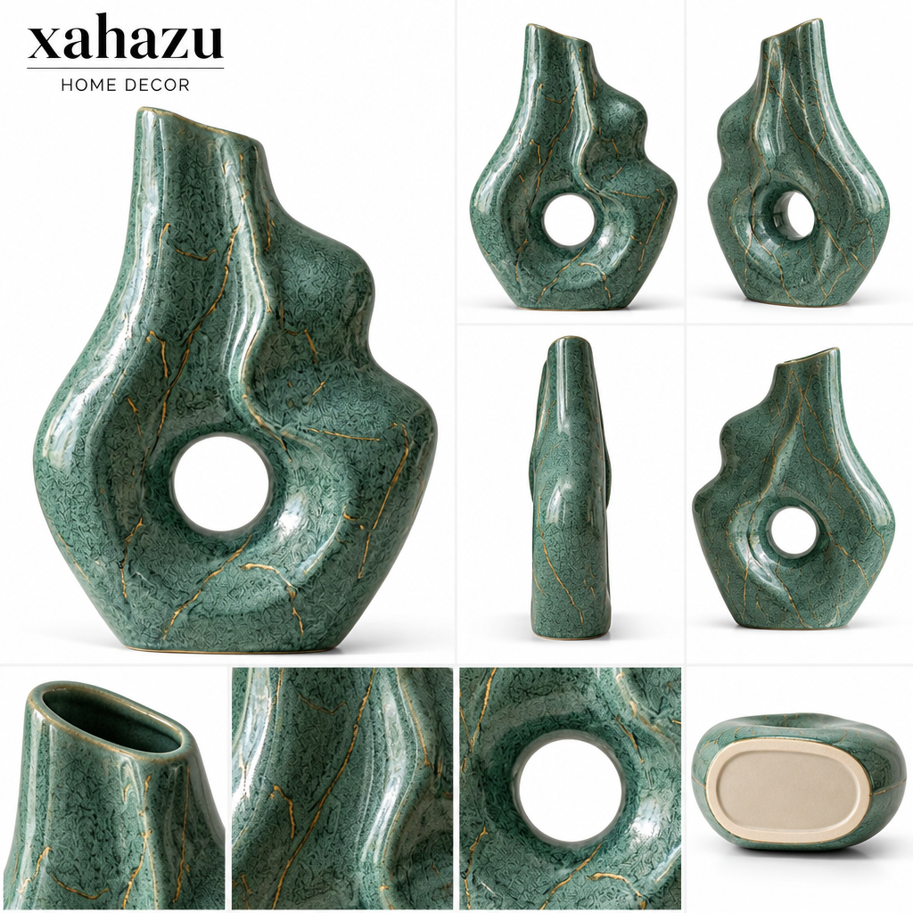 xahazu Modern Abstract Ceramic Vase – Emerald Green Sculptural Art Vase with Gold Accents, Decorative Centerpiece for Living Room, Coffee Table, Bookshelf Decor