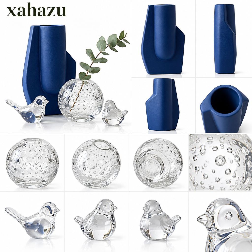 xahazu Modern Artisanal Decor Set – Handcrafted Matte Ceramic Vase & Hand-Blown Bubble Glass Collection
