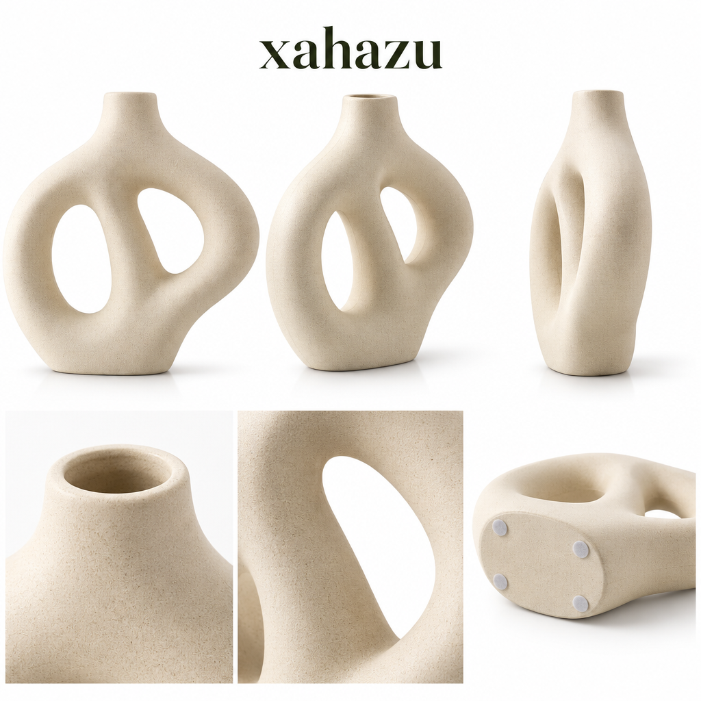 xahazu Modern Ceramic Sculptural Vase - Minimalist Nordic Hollow Doughnut Flower Vase for Home Decor, Aesthetic Centerpiece for Living Room, Mantel & Table