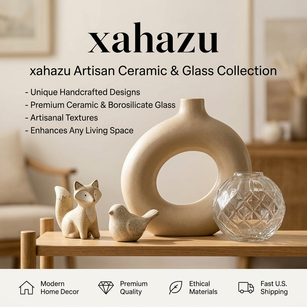 xahazu Artisan Ceramic & Borosilicate Glass Tabletop Decor Set – Modern Minimalist Donut Vase, Glass Sphere & Animal Sculptures for Home & Living Room Accent
