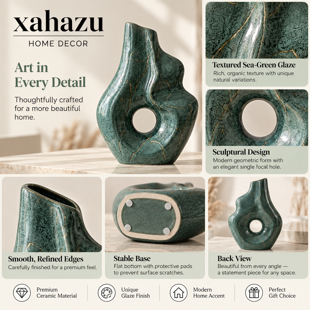 xahazu Modern Abstract Ceramic Vase – Emerald Green Sculptural Art Vase with Gold Accents, Decorative Centerpiece for Living Room, Coffee Table, Bookshelf Decor