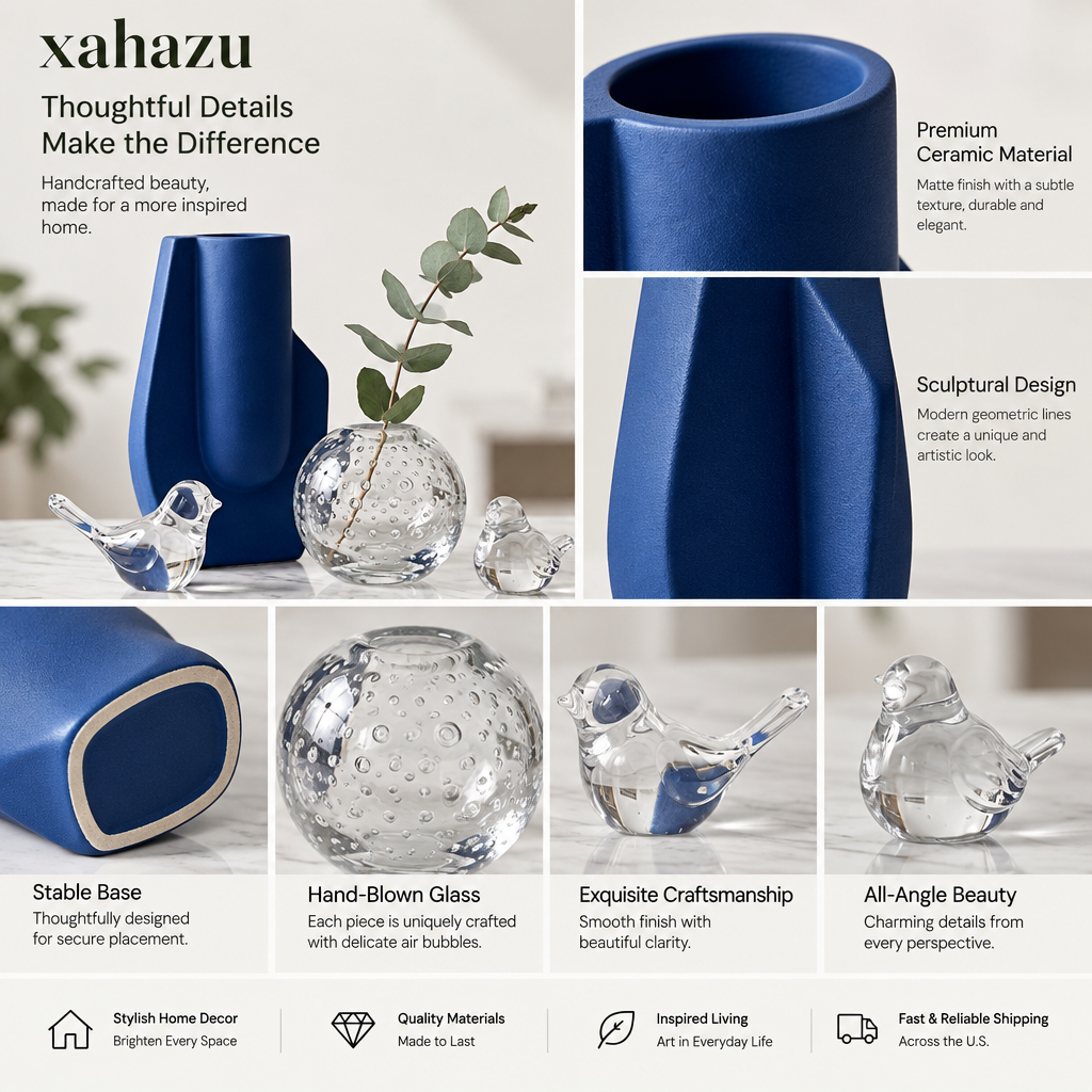 xahazu Modern Artisanal Decor Set – Handcrafted Matte Ceramic Vase & Hand-Blown Bubble Glass Collection