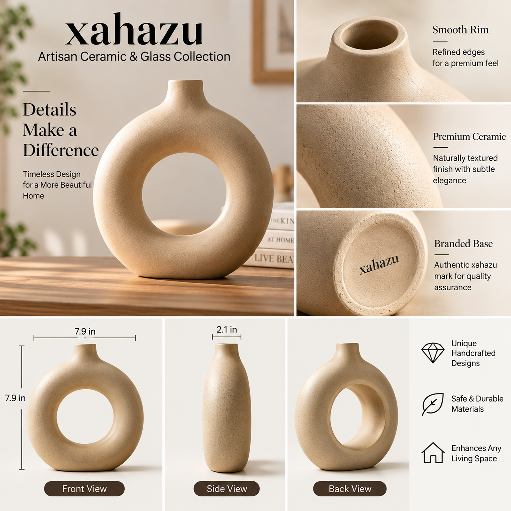 xahazu Artisan Ceramic & Borosilicate Glass Tabletop Decor Set – Modern Minimalist Donut Vase, Glass Sphere & Animal Sculptures for Home & Living Room Accent