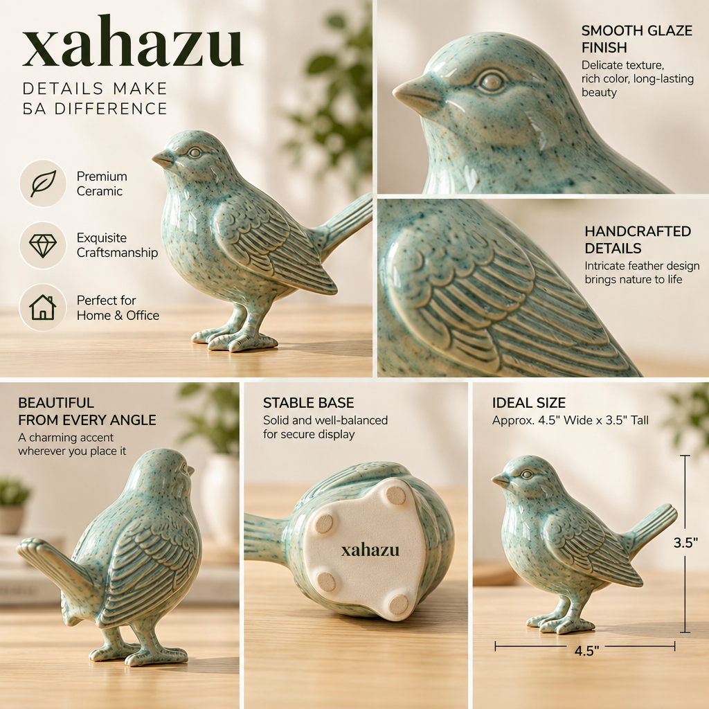 xahazu Ceramic Bird Figurine – Vintage Mint Green Songbird Statue, Detailed Porcelain Bird Decor for Bookshelf, Desk, Living Room, and Farmhouse Home Accents (4.5" x 3.5")