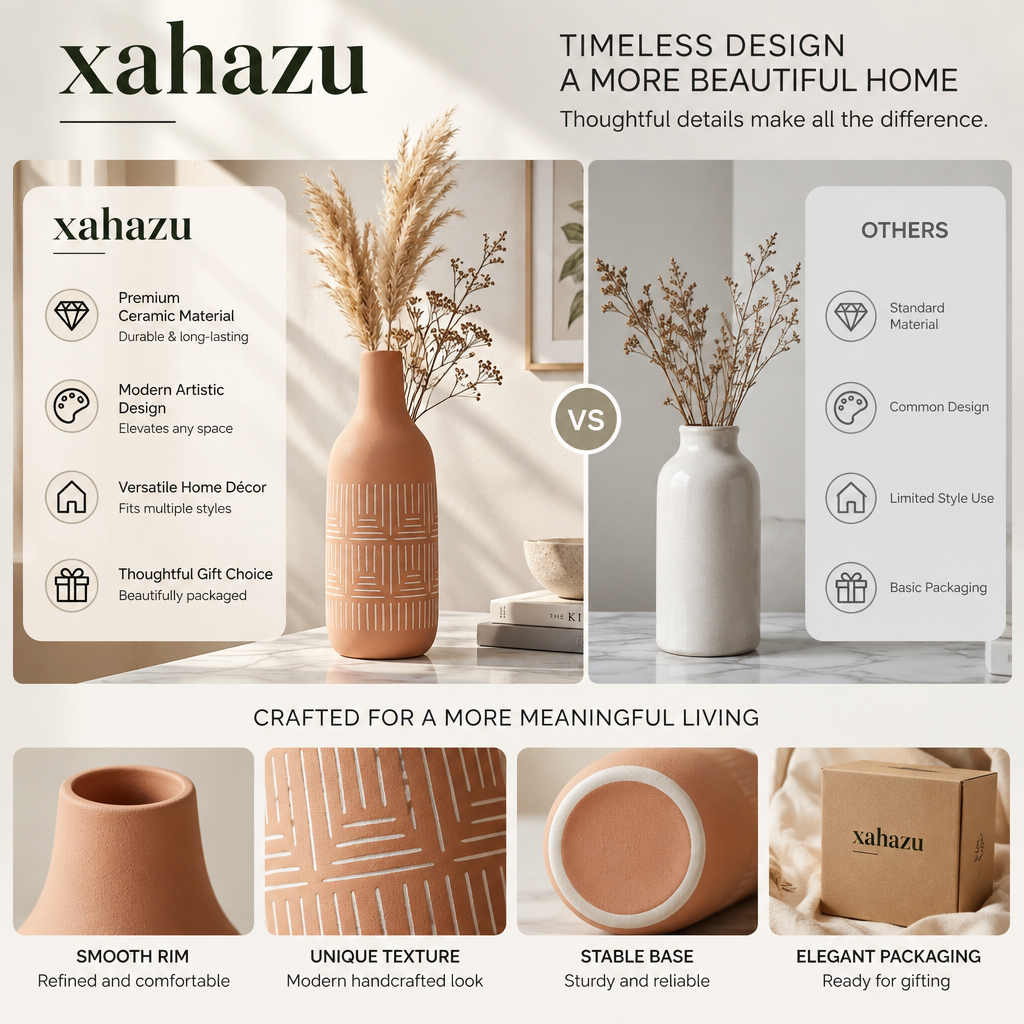 xahazu Modern Boho Vase Set – Terracotta Textured Ceramic & Fluted Glass Vases for Dried Pampas, Fresh Flowers, Living Room & Tabletop Home Decor