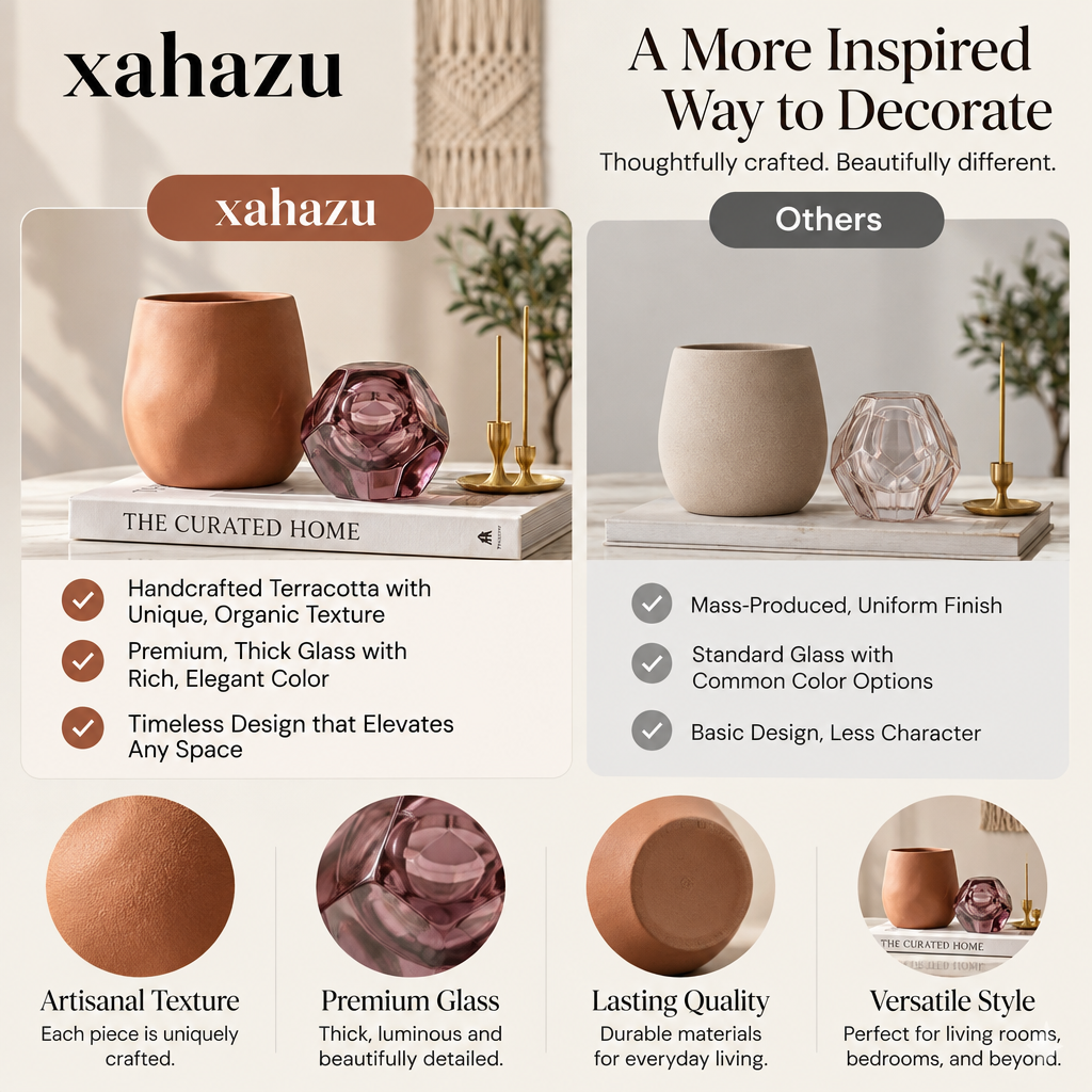 xahazu Modern Terracotta & Faceted Glass Decor Accents – Minimalist Coffee Table & Bookshelf Styling Pieces