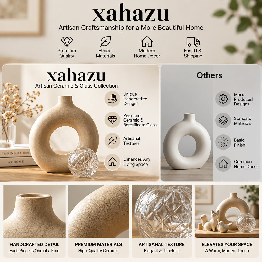 xahazu Artisan Ceramic & Borosilicate Glass Tabletop Decor Set – Modern Minimalist Donut Vase, Glass Sphere & Animal Sculptures for Home & Living Room Accent