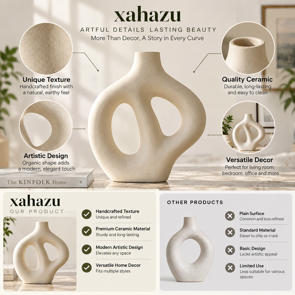 xahazu Modern Ceramic Sculptural Vase - Minimalist Nordic Hollow Doughnut Flower Vase for Home Decor, Aesthetic Centerpiece for Living Room, Mantel & Table