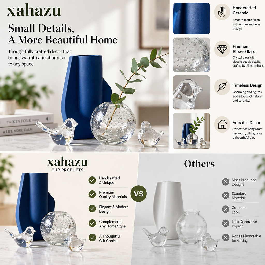 xahazu Modern Artisanal Decor Set – Handcrafted Matte Ceramic Vase & Hand-Blown Bubble Glass Collection