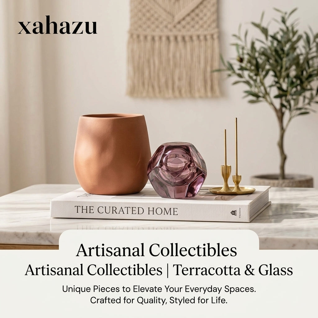 xahazu Modern Terracotta & Faceted Glass Decor Accents – Minimalist Coffee Table & Bookshelf Styling Pieces