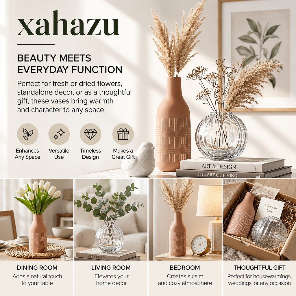 xahazu Modern Boho Vase Set – Terracotta Textured Ceramic & Fluted Glass Vases for Dried Pampas, Fresh Flowers, Living Room & Tabletop Home Decor