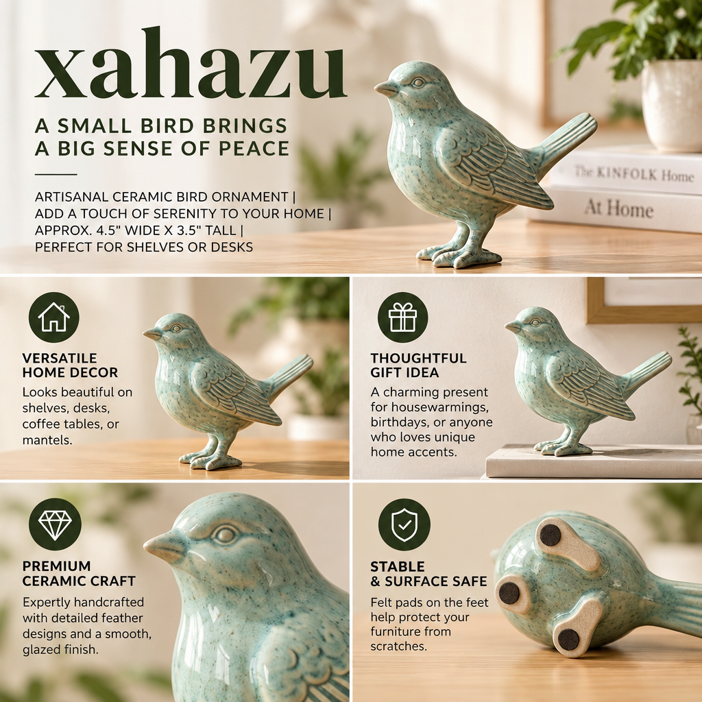 xahazu Ceramic Bird Figurine – Vintage Mint Green Songbird Statue, Detailed Porcelain Bird Decor for Bookshelf, Desk, Living Room, and Farmhouse Home Accents (4.5" x 3.5")