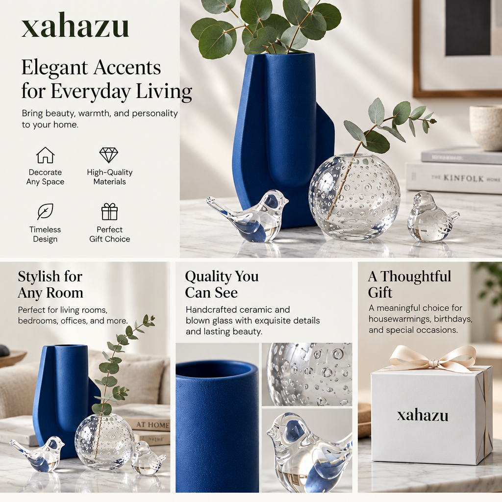 xahazu Modern Artisanal Decor Set – Handcrafted Matte Ceramic Vase & Hand-Blown Bubble Glass Collection