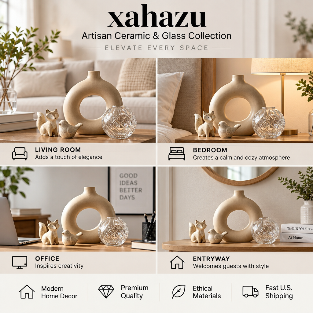 xahazu Artisan Ceramic & Borosilicate Glass Tabletop Decor Set – Modern Minimalist Donut Vase, Glass Sphere & Animal Sculptures for Home & Living Room Accent