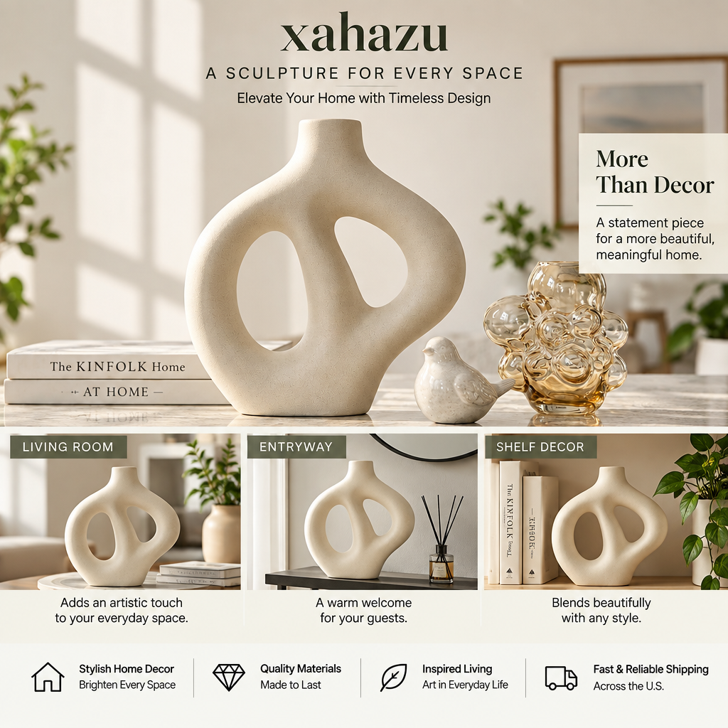 xahazu Modern Ceramic Sculptural Vase - Minimalist Nordic Hollow Doughnut Flower Vase for Home Decor, Aesthetic Centerpiece for Living Room, Mantel & Table