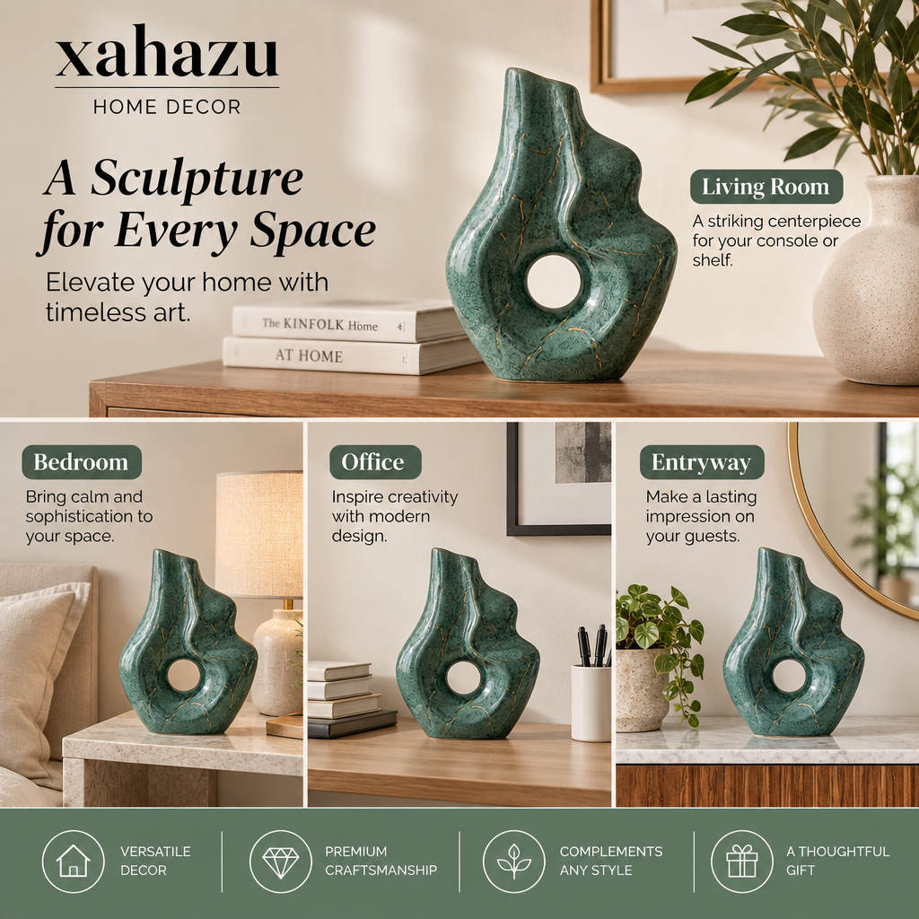 xahazu Modern Abstract Ceramic Vase – Emerald Green Sculptural Art Vase with Gold Accents, Decorative Centerpiece for Living Room, Coffee Table, Bookshelf Decor