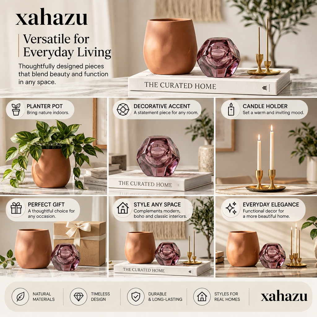 xahazu Modern Terracotta & Faceted Glass Decor Accents – Minimalist Coffee Table & Bookshelf Styling Pieces