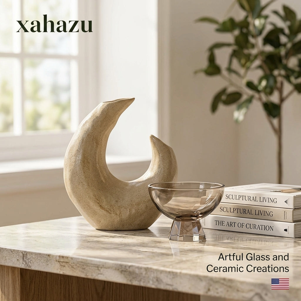 xahazu Sculptural Crescent Ceramic Vase – Modern Organic Tabletop Art Decor