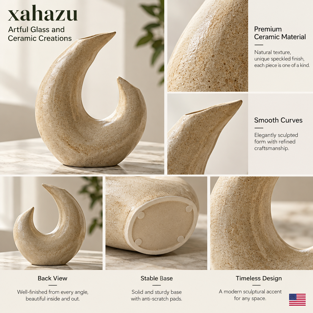 xahazu Sculptural Crescent Ceramic Vase – Modern Organic Tabletop Art Decor
