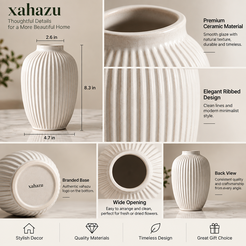 xahazu Modern White Ribbed Ceramic Vase - Handcrafted Minimalist Fluted Flower Vase for Home & Table Decor