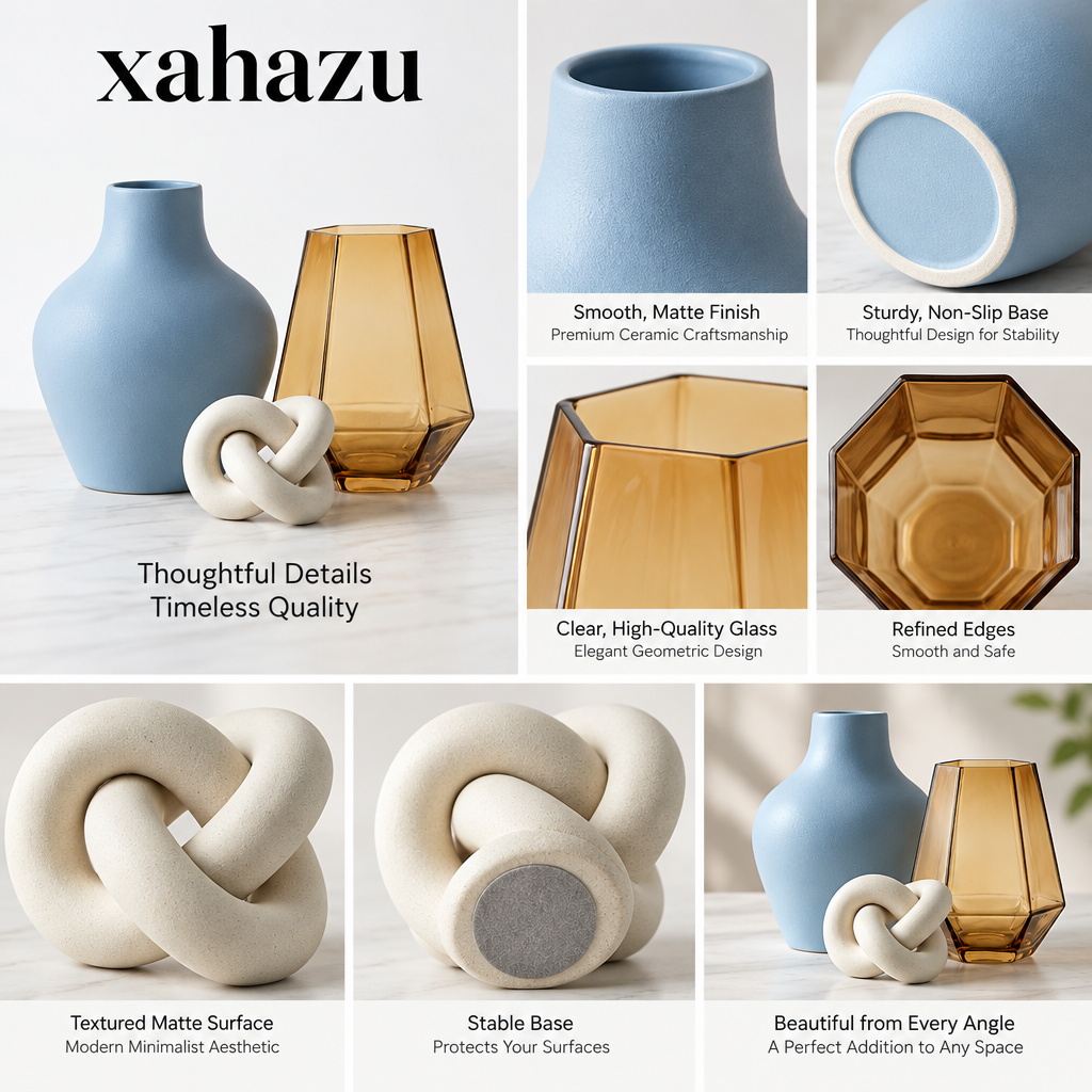 xahazu Modern Aesthetic Decor Set - 3-Piece Ceramic Vase, Amber Glass Accent & Abstract Knot Sculpture for Coffee Table, Bookshelf & Living Room