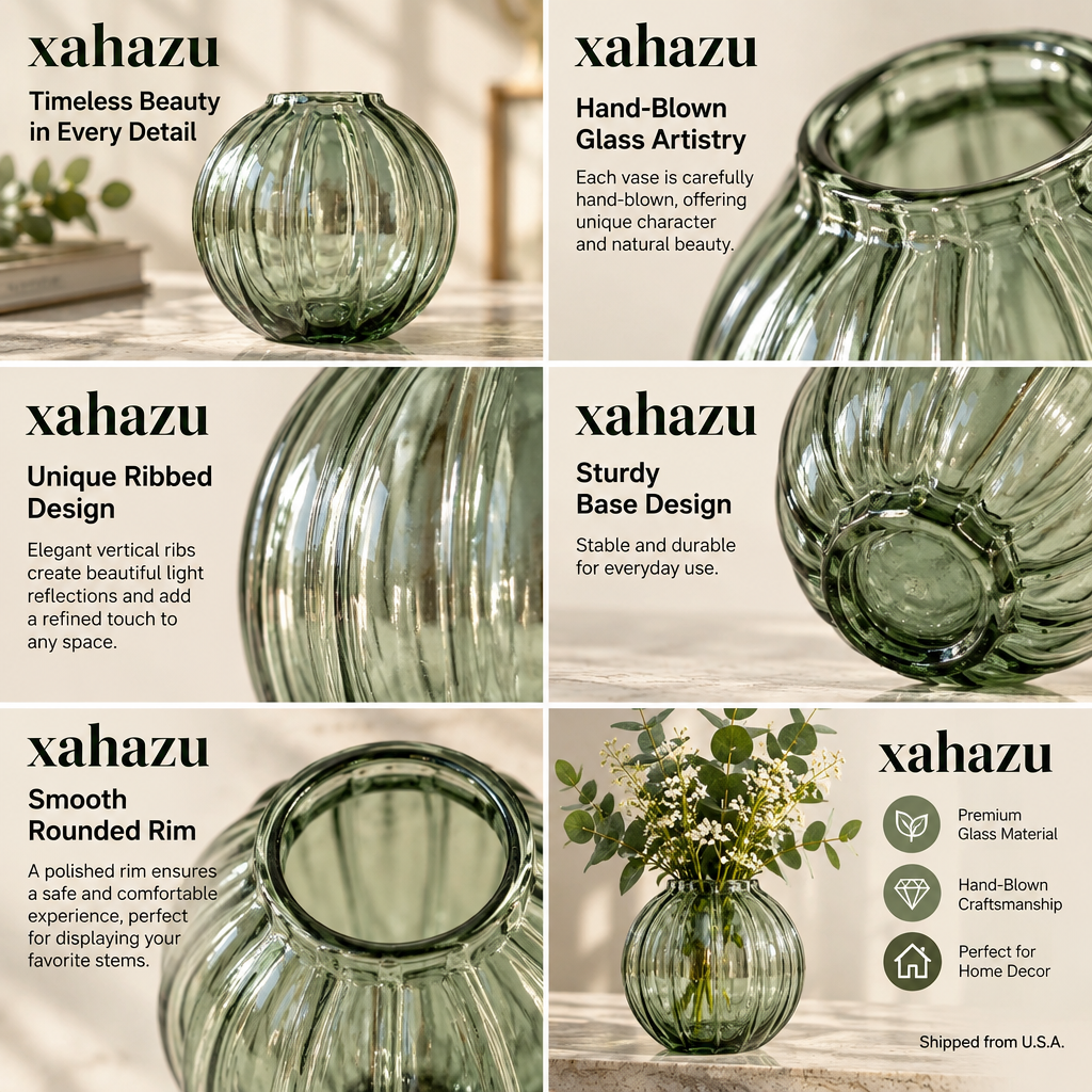xahazu Ribbed Round Glass Vase – 5.1" Modern Fluted Flower Vase for Table Centerpiece, Shelf & Home Decor