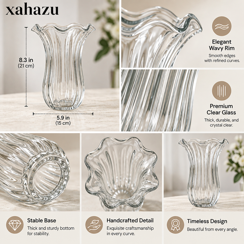 xahazu Elegant Fluted Clear Glass Vase with Ruffled Rim – French Vintage Ribbed Flower Vase for Home Decor, Dining Table Centerpiece, and Wedding