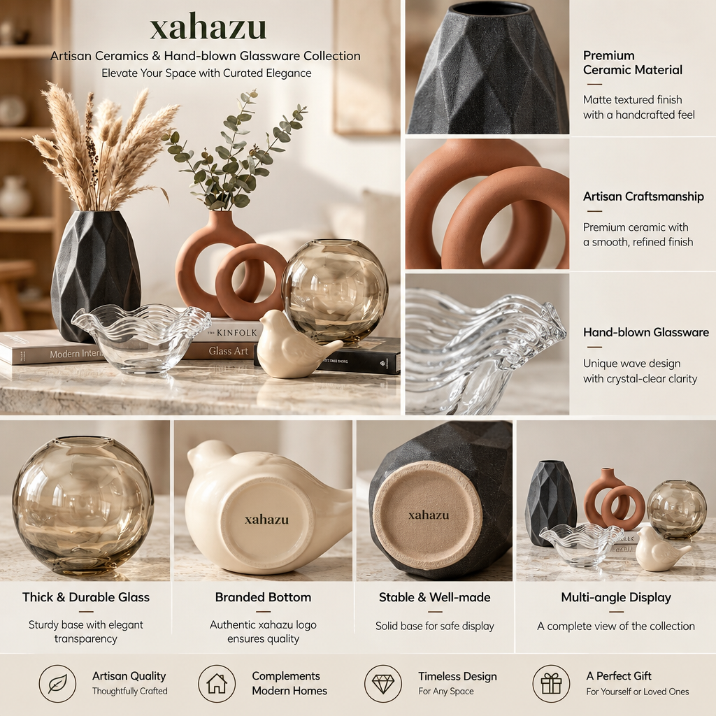 xahazu Modern Artisan Ceramic Vase & Glass Decor Collection – Minimalist Aesthetic Centerpieces for Living Room, Coffee Table & Shelf Styling