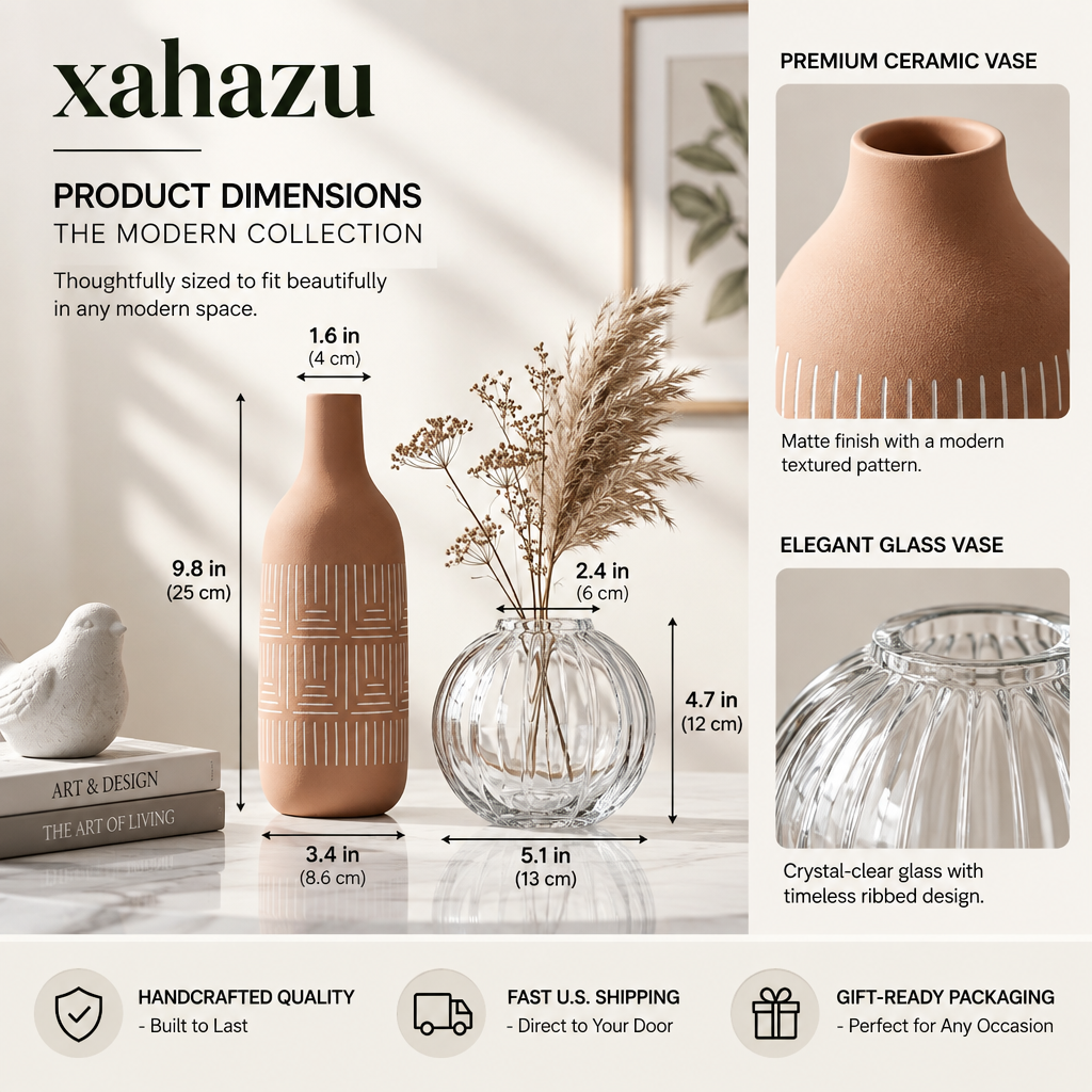 xahazu Modern Boho Vase Set – Terracotta Textured Ceramic & Fluted Glass Vases for Dried Pampas, Fresh Flowers, Living Room & Tabletop Home Decor