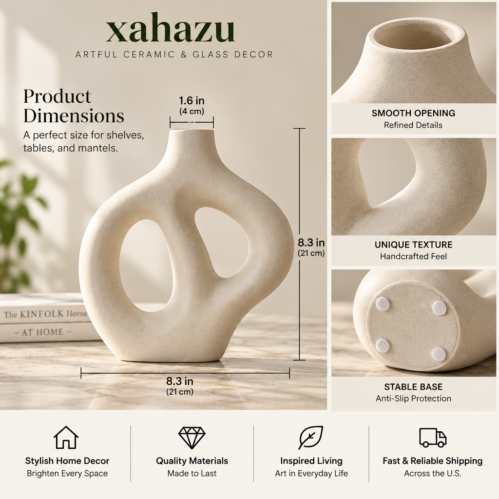 xahazu Modern Ceramic Sculptural Vase - Minimalist Nordic Hollow Doughnut Flower Vase for Home Decor, Aesthetic Centerpiece for Living Room, Mantel & Table