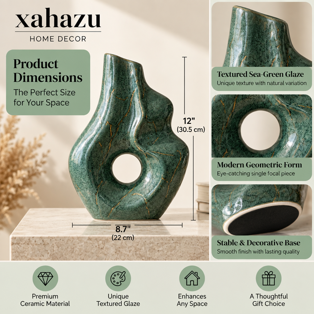 xahazu Modern Abstract Ceramic Vase – Emerald Green Sculptural Art Vase with Gold Accents, Decorative Centerpiece for Living Room, Coffee Table, Bookshelf Decor