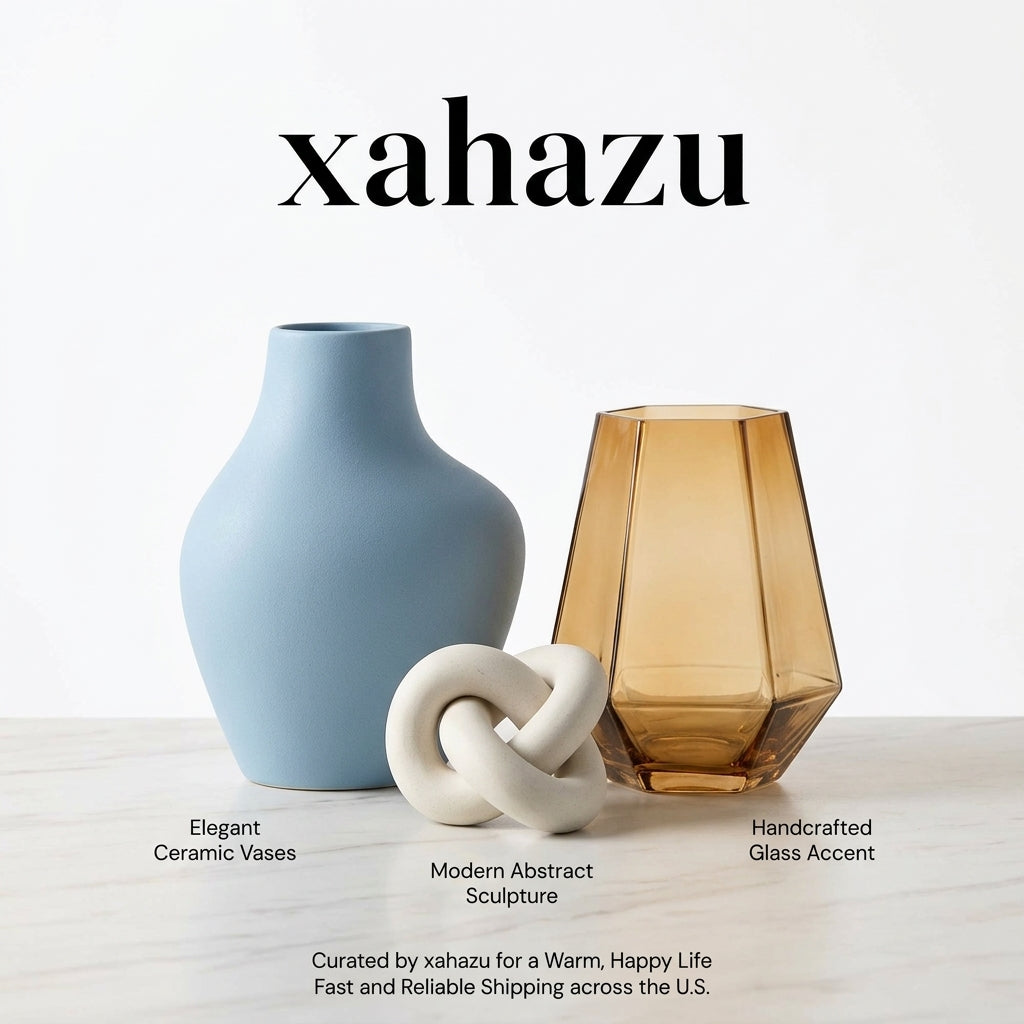xahazu Modern Aesthetic Decor Set - 3-Piece Ceramic Vase, Amber Glass Accent & Abstract Knot Sculpture for Coffee Table, Bookshelf & Living Room
