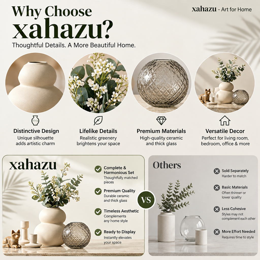 xahazu Modern Ceramic & Textured Glass Vase Set | Aesthetic Tabletop Home Decor Accents for Living Room & Shelf
