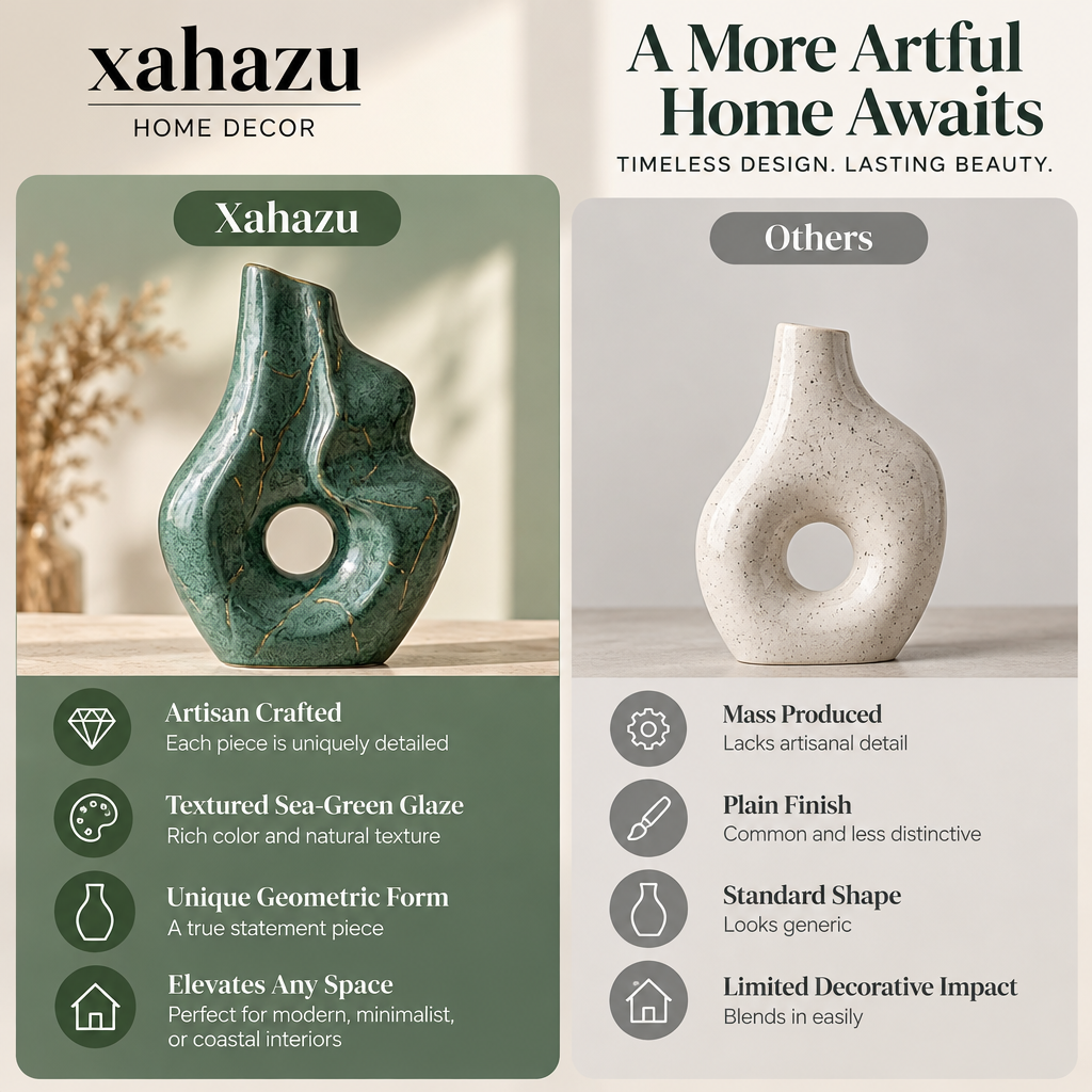 xahazu Modern Abstract Ceramic Vase – Emerald Green Sculptural Art Vase with Gold Accents, Decorative Centerpiece for Living Room, Coffee Table, Bookshelf Decor