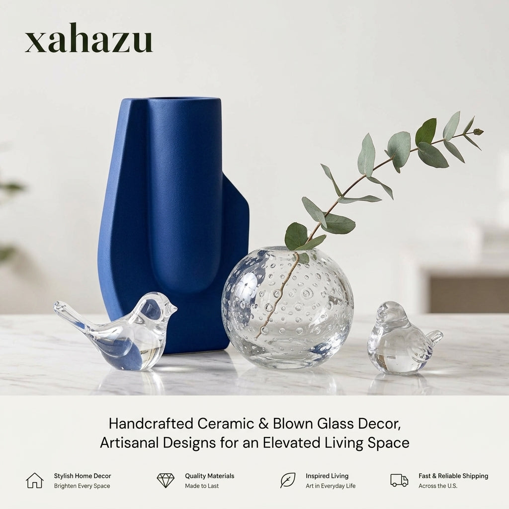 xahazu Modern Artisanal Decor Set – Handcrafted Matte Ceramic Vase & Hand-Blown Bubble Glass Collection