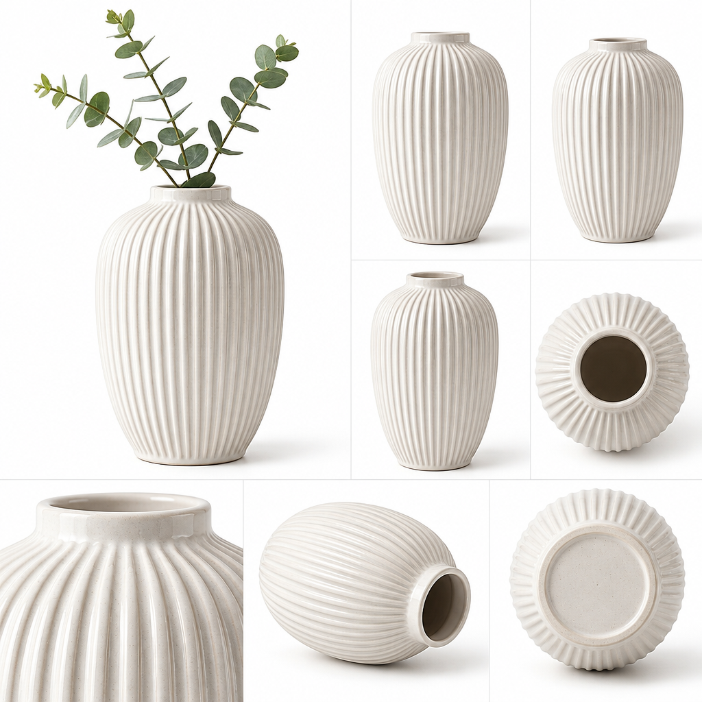 xahazu Modern White Ribbed Ceramic Vase - Handcrafted Minimalist Fluted Flower Vase for Home & Table Decor