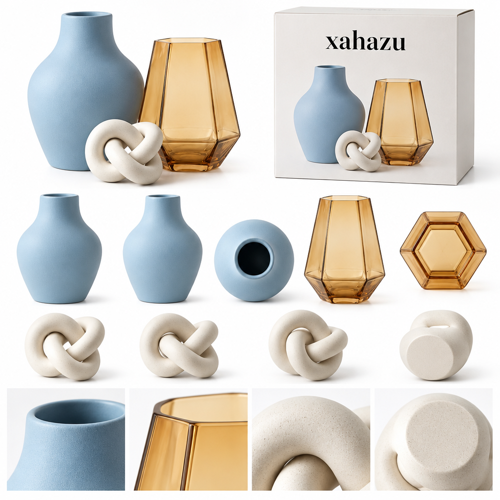 xahazu Modern Aesthetic Decor Set - 3-Piece Ceramic Vase, Amber Glass Accent & Abstract Knot Sculpture for Coffee Table, Bookshelf & Living Room