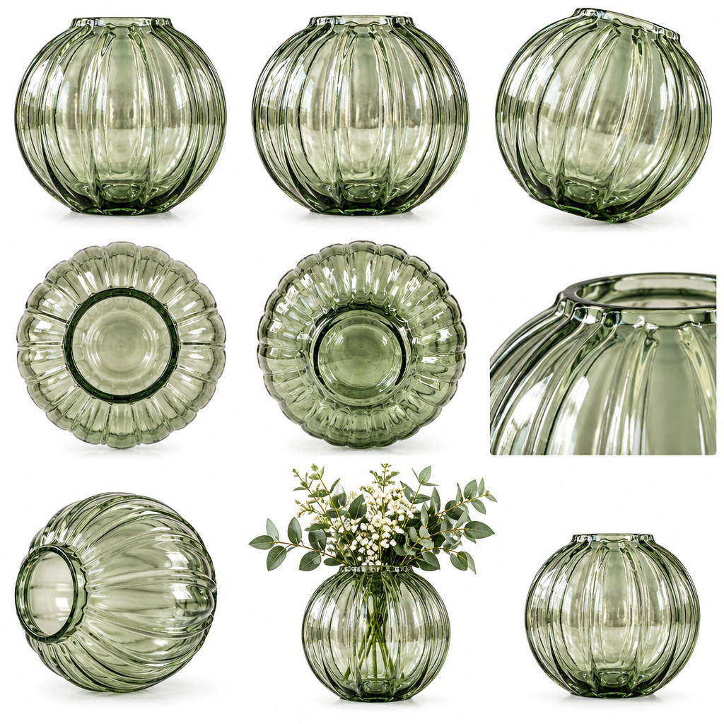 xahazu Ribbed Round Glass Vase – 5.1" Modern Fluted Flower Vase for Table Centerpiece, Shelf & Home Decor