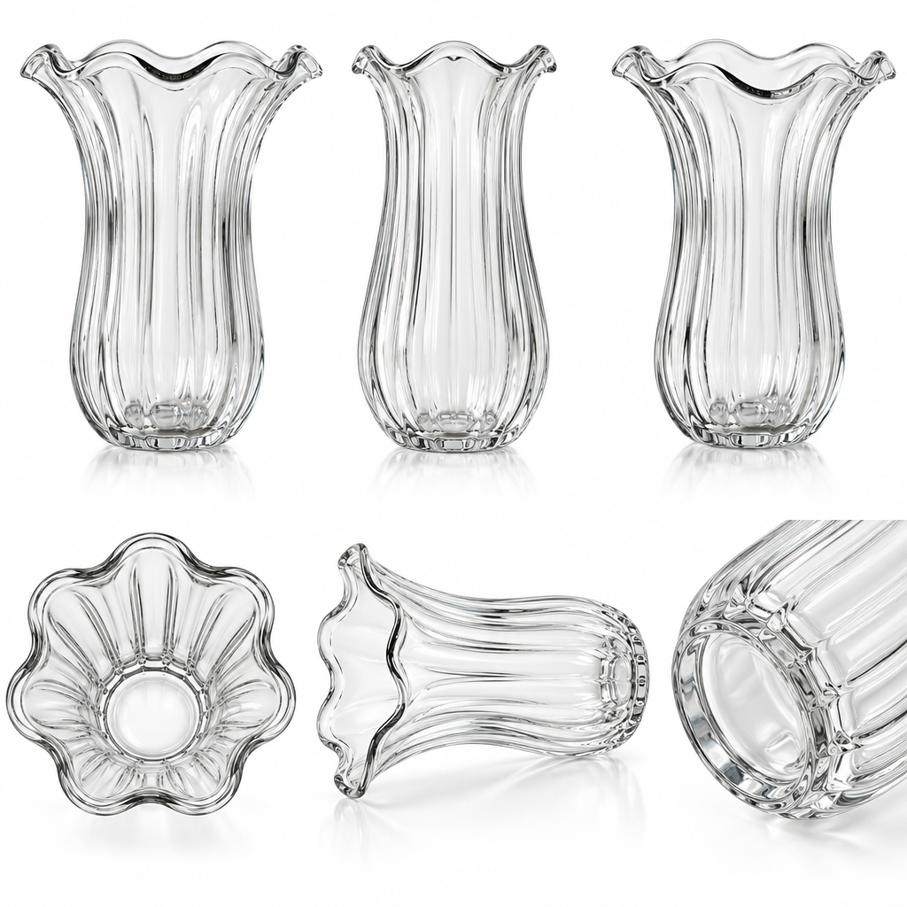 xahazu Elegant Fluted Clear Glass Vase with Ruffled Rim – French Vintage Ribbed Flower Vase for Home Decor, Dining Table Centerpiece, and Wedding