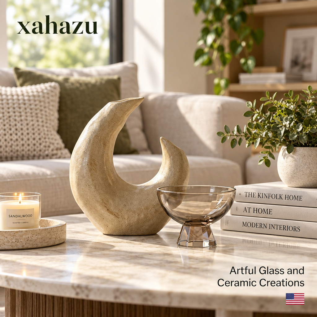 xahazu Sculptural Crescent Ceramic Vase – Modern Organic Tabletop Art Decor