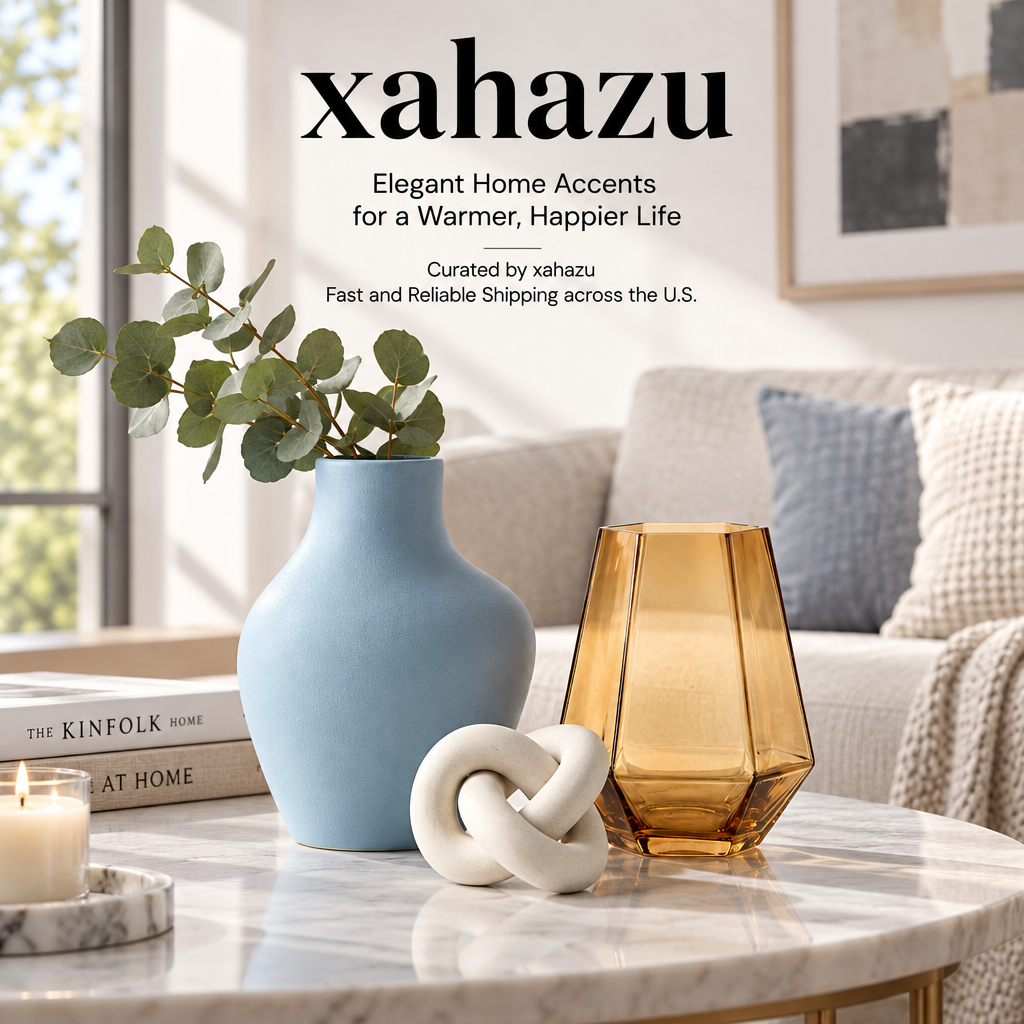 xahazu Modern Aesthetic Decor Set - 3-Piece Ceramic Vase, Amber Glass Accent & Abstract Knot Sculpture for Coffee Table, Bookshelf & Living Room