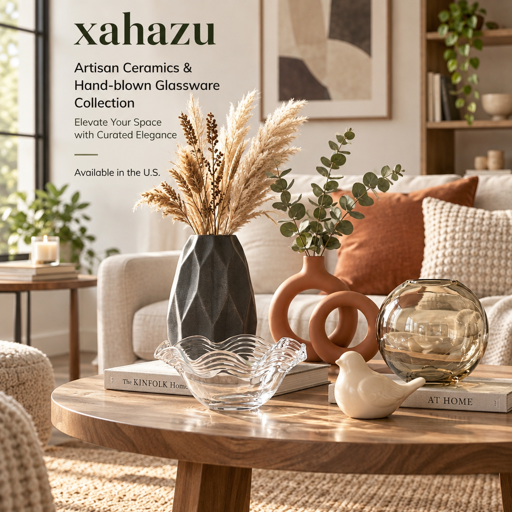 xahazu Modern Artisan Ceramic Vase & Glass Decor Collection – Minimalist Aesthetic Centerpieces for Living Room, Coffee Table & Shelf Styling