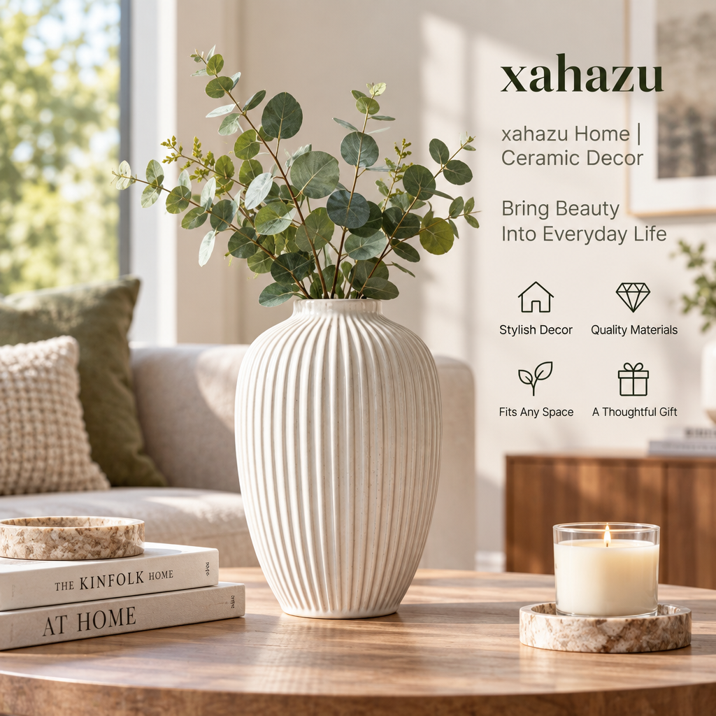 xahazu Modern White Ribbed Ceramic Vase - Handcrafted Minimalist Fluted Flower Vase for Home & Table Decor