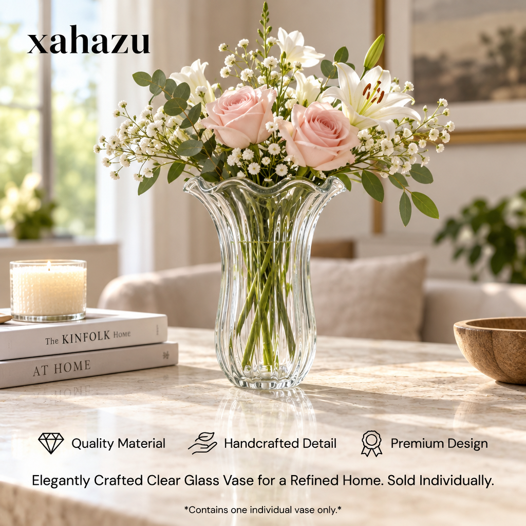 xahazu Elegant Fluted Clear Glass Vase with Ruffled Rim – French Vintage Ribbed Flower Vase for Home Decor, Dining Table Centerpiece, and Wedding
