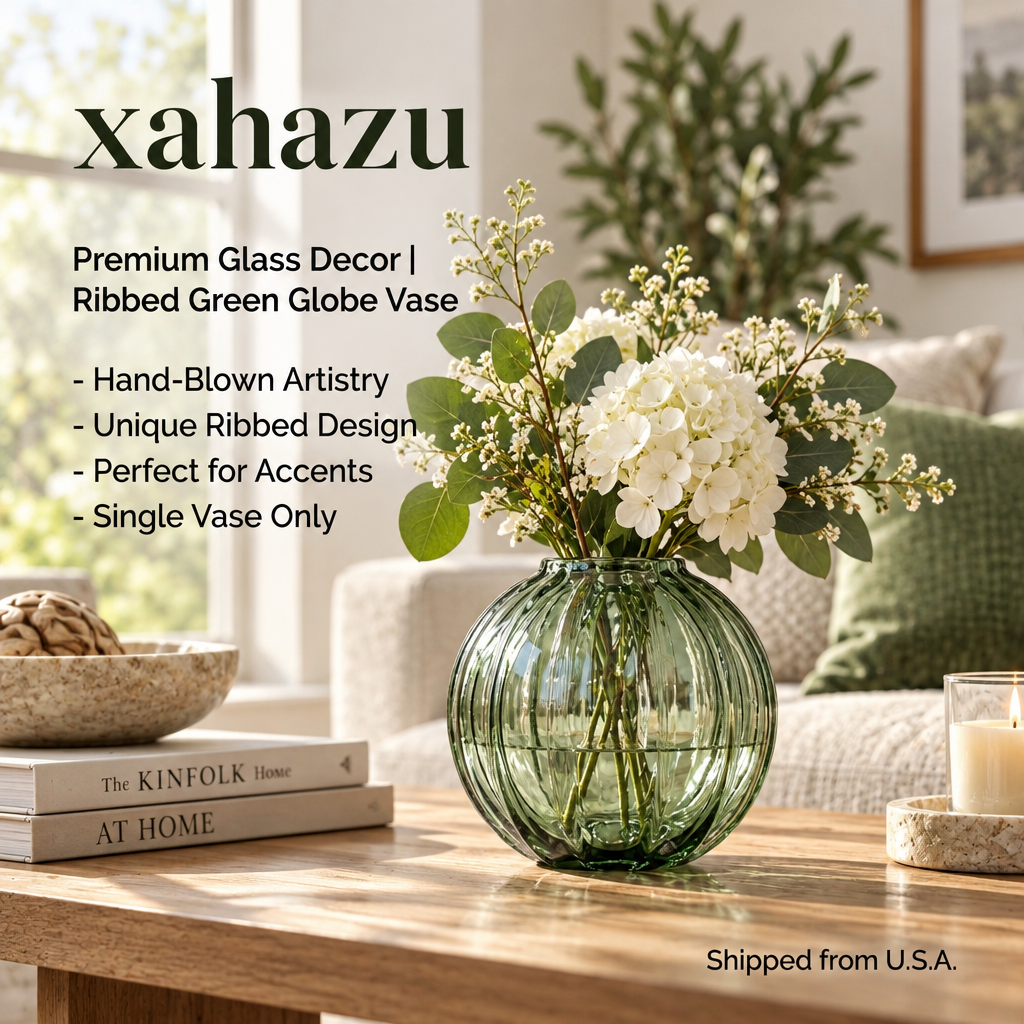 xahazu Ribbed Round Glass Vase – 5.1" Modern Fluted Flower Vase for Table Centerpiece, Shelf & Home Decor